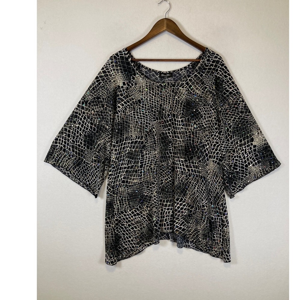 Glam Brittany Black Women XL Black White Snakeskin Rhinestone‎ Kimono Tunic Top